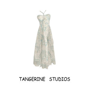 Catyears Green Fairy Summer Beach Vacation Pure Desire Slim Hanging Neck Dress Womens Korean Style High Waist Midi Skirt