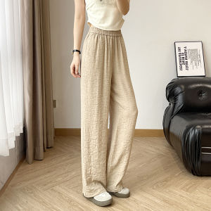 Womens Casual Wide-Leg Pants with Elastic Waistband & Side Pockets - 3D Jacquard Textured Fabric Khaki Solid Color