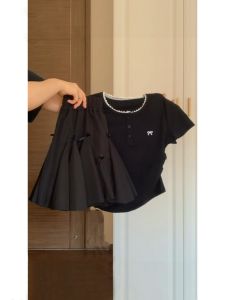 Sweet Style Black Lace Trim T-Shirt Half Skirt Set Korean Butterfly Bow Summer Fashion Womens Clothing Short Sleeve round Neck
