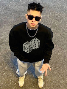 Retro Style Mens Long Sleeve T-Shirt Pure Cotton Loose Fit round Neck Casual Breathable Autumn Top Trendy Brand Dice Print