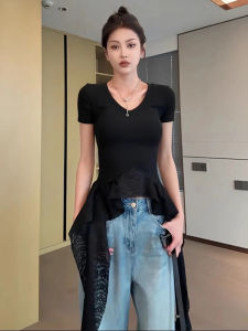 BINKAFENNY | Black Lace Splice Asymmetrical Short Sleeve T-Shirt Womens Summer Slim Fit Sweet And Spicy Girl Design Top Body Shirt