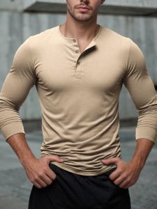 Mens Long Sleeved Henley Neck T-shirt Slim Fit Bottoming Shirt Fitness Tops Tees Button Neck Casual Cozy Tshirt