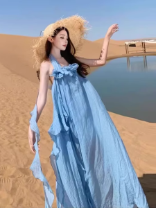 Unique Beautiful Fairy Neck Hanging Strap Dress Beach Vacation Style Summer Elegant Beach Skirt High Waist A-Line Gown V-Neck