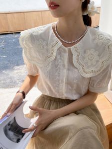 South Korea Chic Embroider Younger Peter Pan Collar Short-Sleeved Shirt for Women 2023 Summer Lace Cardigan French Gentle Tops