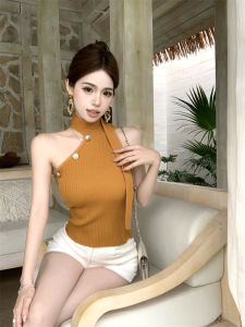 GUZILIAN | Design Sensation Womens Knitted Vest Shoulder Bared Neck Hanging Slim Fit Button Up Versatile Fashionable Korean Style Top