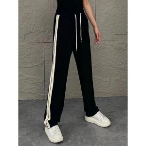 Mens Casual Straight Leg Stripe Trousers Spring Summer Slimming Sweatpants Black Loose Comfortable Fashionable Cotton Polyester