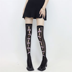 AYTo Designer Handmade Hollow Out Flocking Butterfly Knot พรางหุ่น เซ็กซี่ เด็กผู้หญิง ถุงน่องเหนือเข่า ลูกไม้ ถุงเท้าสูงต้นขา