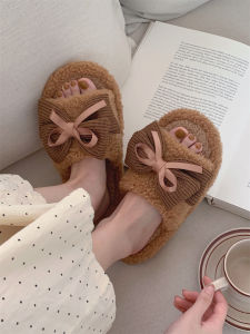 Fashionable Butterfly Knot Ladies Cotton Slippers Home Anti-Slip Warm Soft Bottom Fur Slippers Winter Comfortable Home Shoes