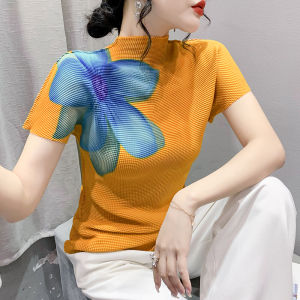 Nữ Áo Thun Ngắn Tay In Hình Thời Trang Mùa Hè 2024 Ôm Vừa Vặn Chống Lão Hóa Sang Trọng Nửa Cao Cổ Áo Thời Trang Thời Trang Đường Phố