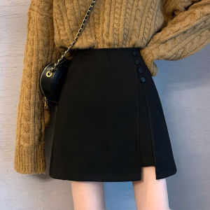 High Waist A-Line Mini Skirt for Pear Shaped plus Size Women in Black Woolen Fabric Asymmetrical Design Commute Friendly