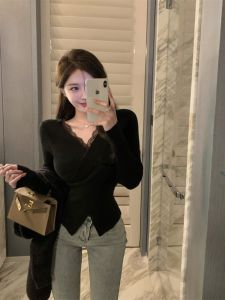 Sweet And Spicy Long Sleeve Knitted Base Shirt Womens Spring Autumn New Slim Fit Cross V-neck Elegant Top Korean Style