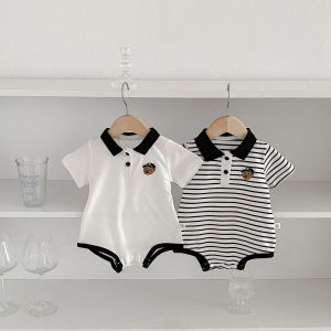 Summer baby clothes bodysuit super cute thin polo shirt for baby boys striped romper for 100 days.