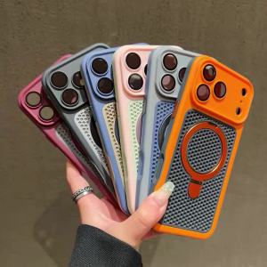 uxury Heat Dissipation Cooling Mesh Hole Stand Case For iPhone 17 16 15 14 Plus 13 12 Pro Max For Magsafe Bracket Armor Cover