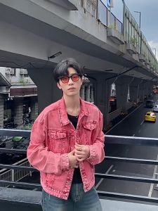 SINRANSINYA丨Áo Khoác Nam-Mỹ cổ điển rửa Áo khoác Denim màu hồng ve áo mềm thiết kế thích hợp áo khoác rách đã qua xử lý