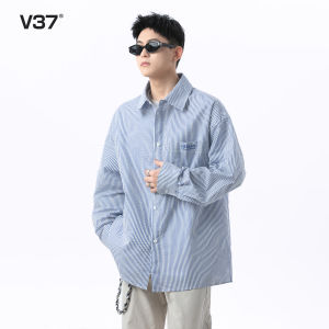 V37 Light Blue Long Sleeve Casual Shirt Mens Autumn New Style Trendy Brand Versatile Loose Fit Collared Shirt Jacket