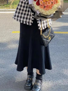 กระโปรงทรงเอเอวสูงผ้าถักทรงหางปลาสำหรับผู้หญิงไซส์ใหญ่ ฤดูใบไม้ร่วง/ฤดูหนาว ปกปิดสะโพก เอฟเฟกต์กระชับสัดส่วน