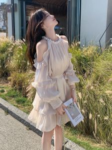 Champagne Color Off-Shoulder Dress Womens Summer 2024 New Gentle High-End Bubble Sleeve Atmosphere First Love Fairy Skirt