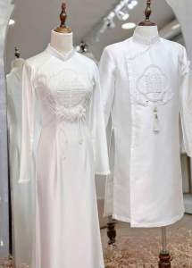 CẶP ÁO DÀI TRẮNG CHỮ HỶ ĐÍNH ĐÁ THÊU CẶP CHIM PHỤNG - CƯỚI HỎI  DẠM HỎI  TIỆC NHÀ THỜ