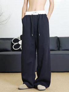 กางเกงขายาวทรงหลวมเอวสูงผ้าขนแกะสไตล์อเมริกันสีดำ กางเกงขายาวทรงหลวมสบายๆ สำหรับผู้ชาย ฤดูใบไม้ร่วง/ฤดูหนาว