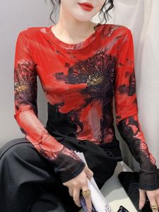 Áo Thun Nữ Tay Dài in Họa Tiết Mùa Xuân 2024 Áo Lưới Lót Cơ Bản Áo Thun Thường Ngày Thời Trang Đường Phố Áo Hai Lớp