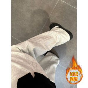 Mens Fleece Lined Thickened Straight Leg Loose Fit Sport Pants Autumn Winter Casual Grey Trousers for Students Trendy Brand