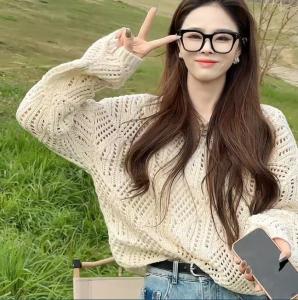 Wanita Merajut Lengan Panjang Sweter Pendek Atas Seksi Kosong Desain