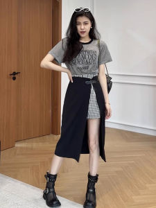 Shalldoer | Fashionable Round Neck Short Sleeve T-Shirt And Plaid Mini Skirt Two-Piece Set For Women Summer 2025 Age-Defying Ensemble