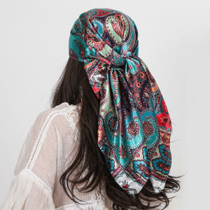 90cm Square Silk Scarves Women Hijab Shawls Paisley Cashew Flower Print Kerchief Femme Head Scarf Foulard Bandana Beach Pareo