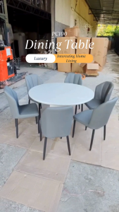 I HOME PC002 / PC003 / PC100 Round Fully Marble Dining Table Set + 6 Chairs / Metal Leg Chair