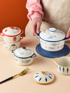 Ceramic Steamed Egg Bowl with Lid Baby Steamed Egg Bowl Binaural Baby Solid Food Bowl Stew Egg Bowl Dessert Birds Nest Large Slow Cooker