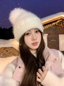 Pure Wool Knitted Hat Womens Winter Warm Fox Fur Ball Cap Casual Style No Brim Knit Hat for Photography Travel Youth Suitable
