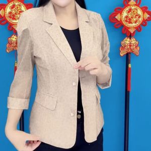 Casual Slim Fit Moms Blazer Jacket Thin Fashionable Leopard Print Suit Top Commute Style Polyester Fabric Regular Sleeve Length
