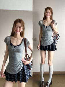 XUECAIQI | Spring New Korean Vintage Pure Desire T-Shirt & Floral Cami Dress Set
