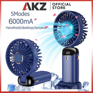 AKZ 6000Mah Mini Fan Portable Rechargeable Neck Fan LED Display 5 Speed Handheld Fan Foldable With Phone Stand