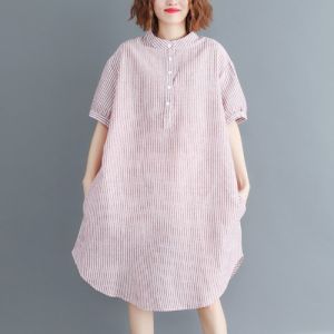 Váy Sơ Mi Vải Lanh Cotton Dài Vừa Phải Mùa Hè Cỡ Lớn Cho Phụ Nữ Ngoại Cỡ Váy Chữ a Đơn Giản Họa Tiết Sọc Thon Gọn