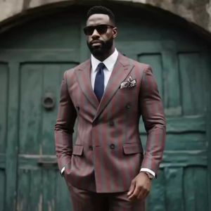 Mens 2 Piece Suit Set Slim Fit Double Breasted Peak Lapel Jacket Pants Elastic Waist Formal Wedding Prom Tuxedo Rayon Blend