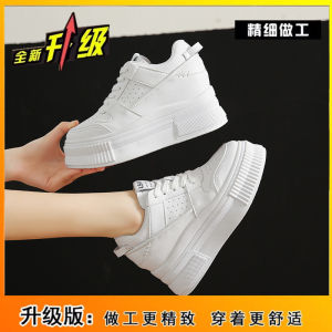 Leather High Top Sneakers Womens 8cm Thick Bottom Heightening Spring New Style Waterproof round Toe Rubber Outsole Shoes