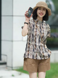 ฤดูร้อน 2024 กึ่งสูง ปกเสื้อ แขนสั้น ผ้าไหม ผ้าชีฟอง พิมพ์ เสื้อท่อนบน ผู้หญิง หวาน สไตล์เหนือศีรษะ Dressing Triacetate Fiber 100%