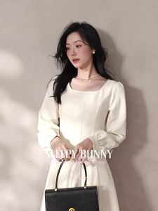 Vintage Square Neckline Spring Waist-Cinching Slimming Dress