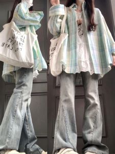 Áo Sơ Mi Kẻ Sọc Xanh Mát Mẻ Mùa Hè Cho Nữ Dáng Rộng Dài Tay Chống Nắng Đi Làm Áo Khoác Cardigan Chất Liệu Cotton