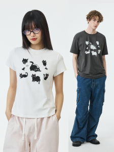 เสื้อยืดคอกลมแขนสั้น PSO Brand ผ้าฝ้ายหลวมๆ ทรงหลวมๆ สำหรับฤดูร้อน เสื้อยืดลายแมวสีน้ำเงิน ผ้าฝ้ายผสมโพลีเอสเตอร์