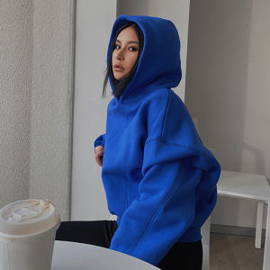 Retro American Short Hoodie Womens Small Size 2025 New Popular Long Sleeve Klein Blue Loose Top Cotton Blend Comfortable Fit