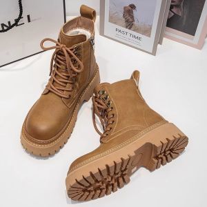 Thick Bottom Martin Boots Womens Winter Snow Boots Fleece Lined Hiking Boots Short Boot High Heel round Toe Rubber Outsole