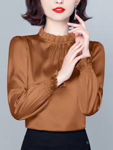 Elegant Pure Color Silk Shirt for Women Hangzhou  Silk Base Layer Fashionable Korean Style Long Sleeve Stand Collar