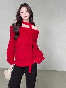 YIKEXIAOYEMEI | Áo Len Knit Trễ Vai Màu Đỏ