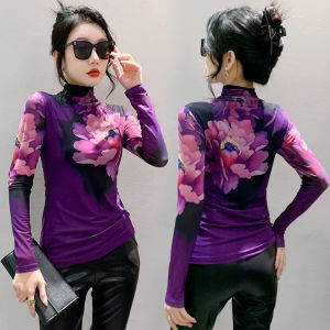 Room for Improvement: YIMEI 2023 ยุโรปฤดูใบไม้ผลิและฤดูใบไม้ร่วงแฟชั่นเสื้อยืดตาข่ายแขนยาวพิมพ์ลายสำหรับผู้หญิงเข้ารูปพอดีโชว์ทรงและเข้ารูปและทันสมัยเสื้อซับในทรงสูงครึ่งตัวเสื้อผ้าขนาดใหญ่