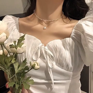 [Ready Stock]Korean Ins Double Pearl Pendant Necklace Niche Design Clavicle Chain Couple Necklace Fashion Accessories