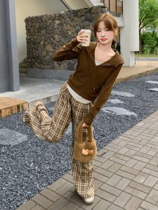 Womens Plaid High Waist Wide Leg Pants Set with Hood Two Piece Casual Loose Autumn Fashion Outfit Ensemble