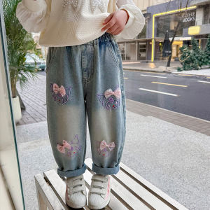 Girls Casual Cotton Denim Jeans Spring New Style Cartoon Embroidery Washed Long Trousers for Little Girls Kids Fashionable Pants
