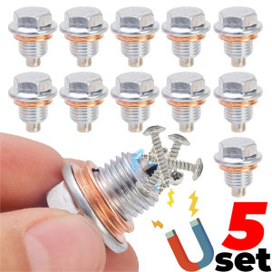 5Set Magnetic Oil Drain Plug M12*1.25 Neodymium Magnet Stainless Steel Bolt with Seal Ring Heavy Duty Oil Plug for Toyota Nissan
